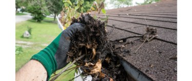 Gutter-Cleaning.PNG Cleaning a dirty gutter with green gloves on a sunny day. Trees in the background in a residential area.