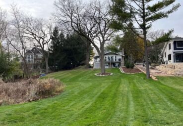 Overview of lakeside lawn maintenance with crisp turf stripes and tidy planting beds.