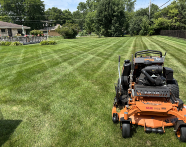 Landscape shot of a patio, back yard, and a large orange lawn mower in the foreground after lawn mowing and lawn stripping service.