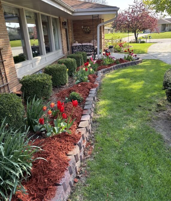 A portrait shot of rich red much getting installed on a well kept garden.